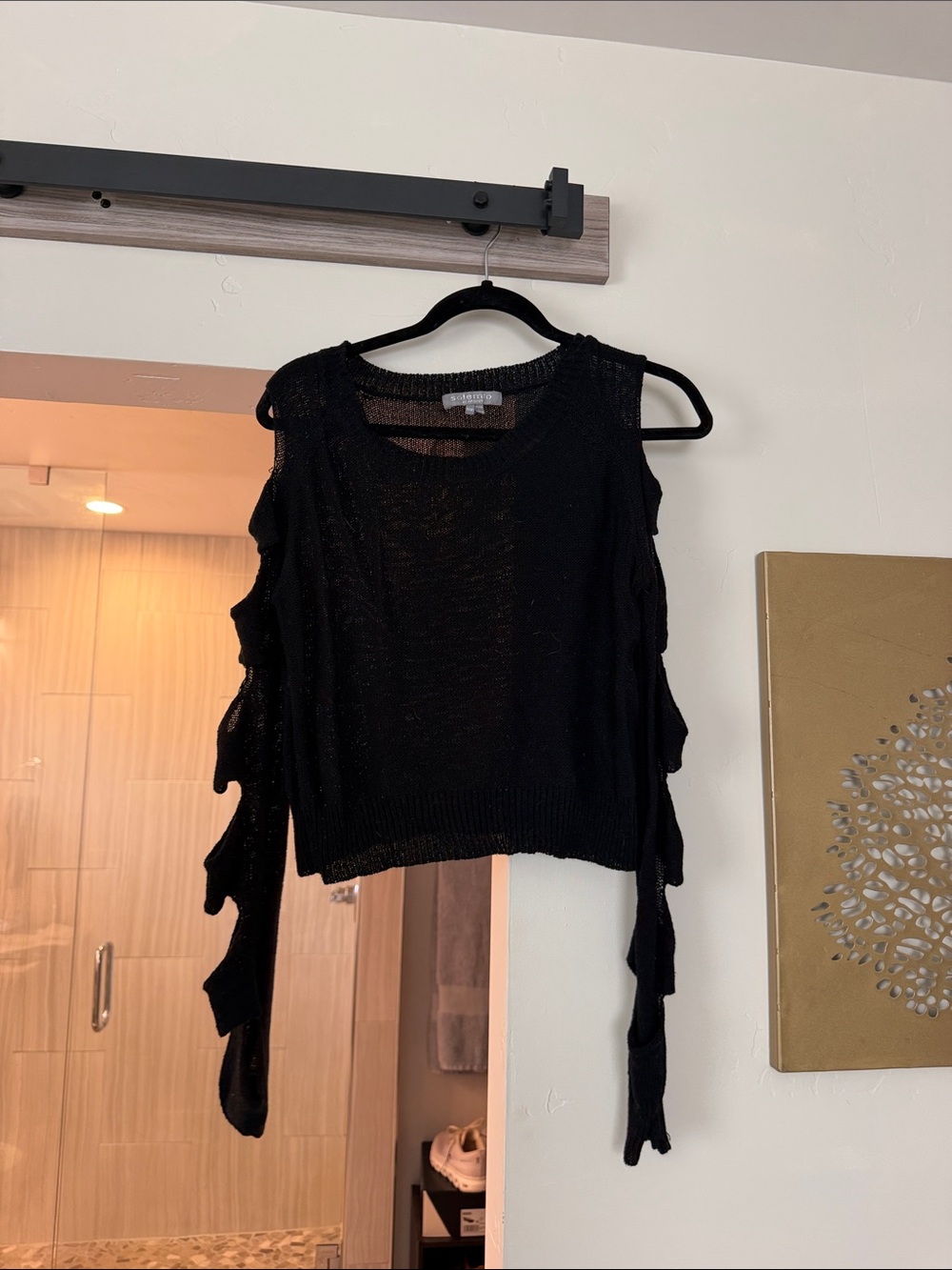 Solemio Black Off-the-Shoulder Knit Sweater with Draped Sleeve Details